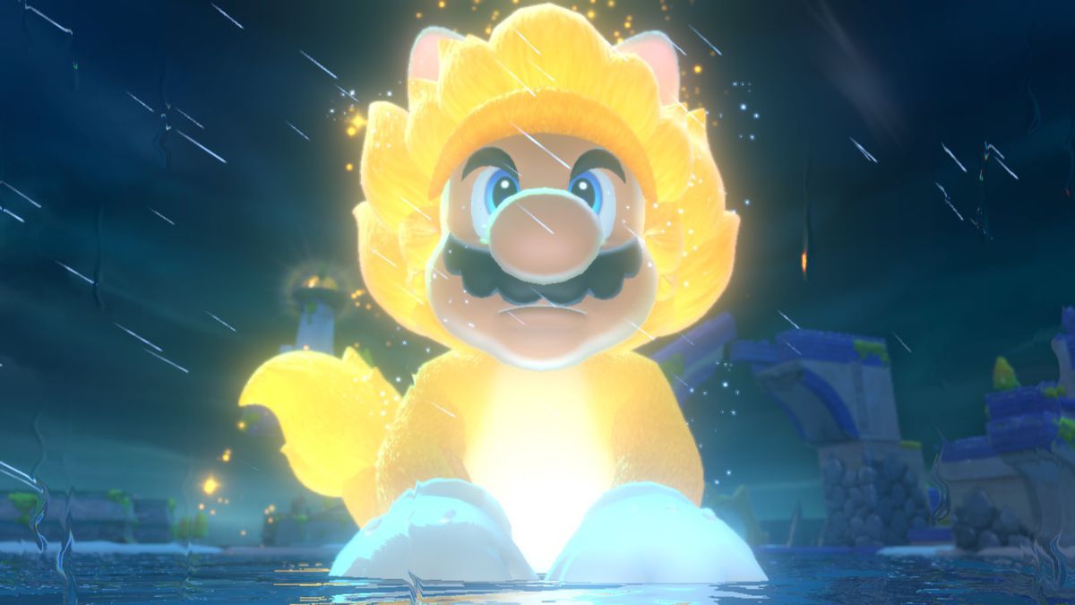 Un Mario delle dimensioni di un kaiju indossa il suo costume da gatto dorato sotto la pioggia. Sembra un po 'come se fosse diventato Super Saiyan.