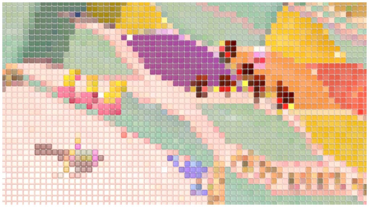 Quattro cloni della Principessa Peach saltano verso i nemici su una serie di colline in Super Mario 3D World, ma ora sembra un mosaico di pixel.