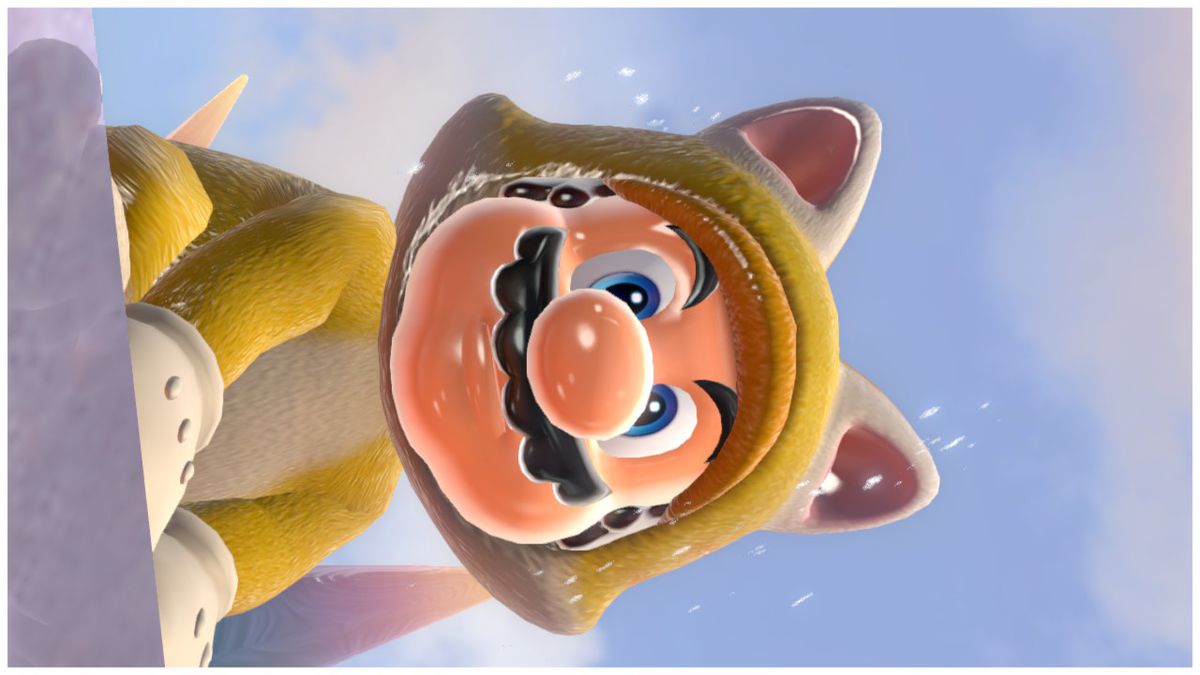 Mario si siede graziosamente in un costume da gatto in Bowser's Fury.