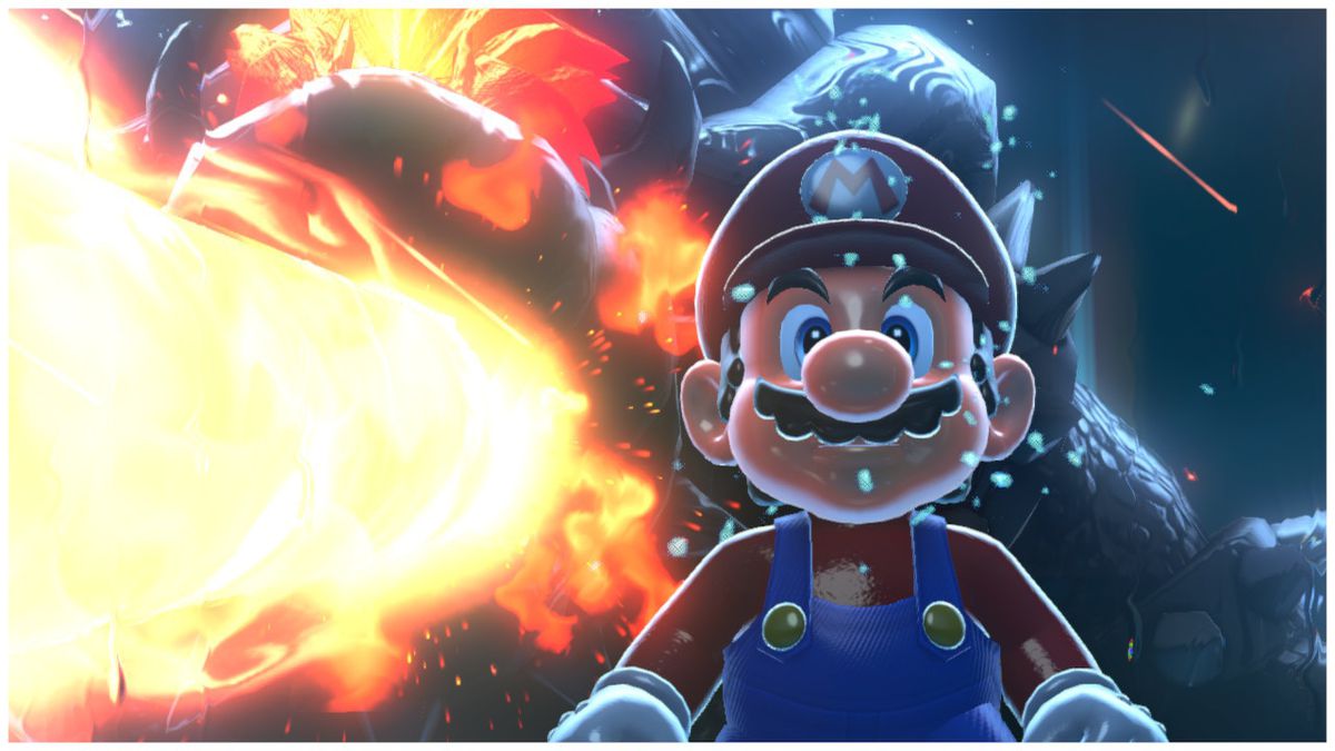Mario sta per essere ucciso da un gigante Bowser in Bowser's Fury.