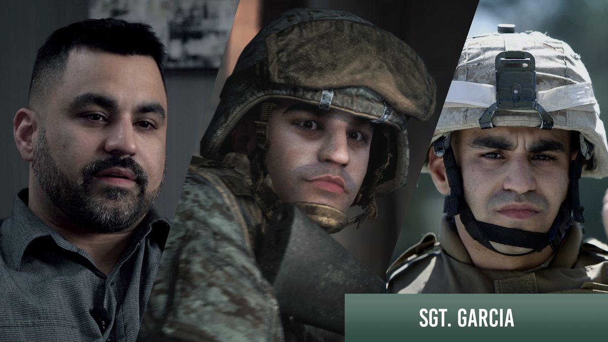 The face of Eddie Garcia looks at the camera, rendered three times in Six Days in Fallujah