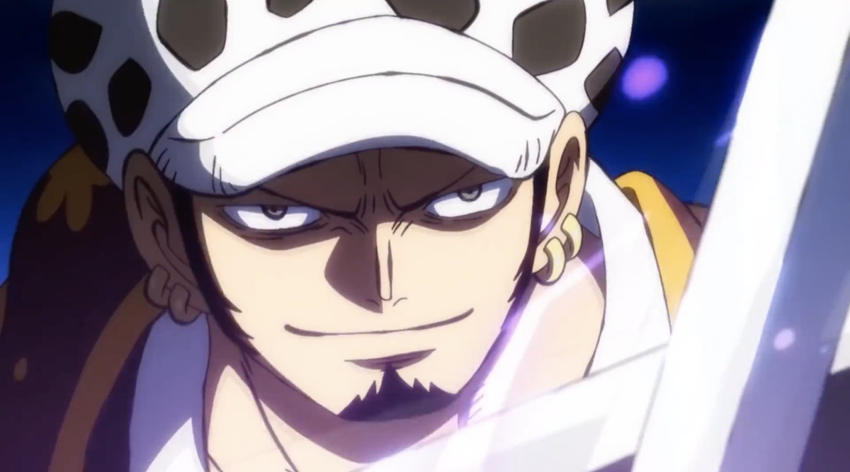Trafalgar Law smirks behind some crossed swords