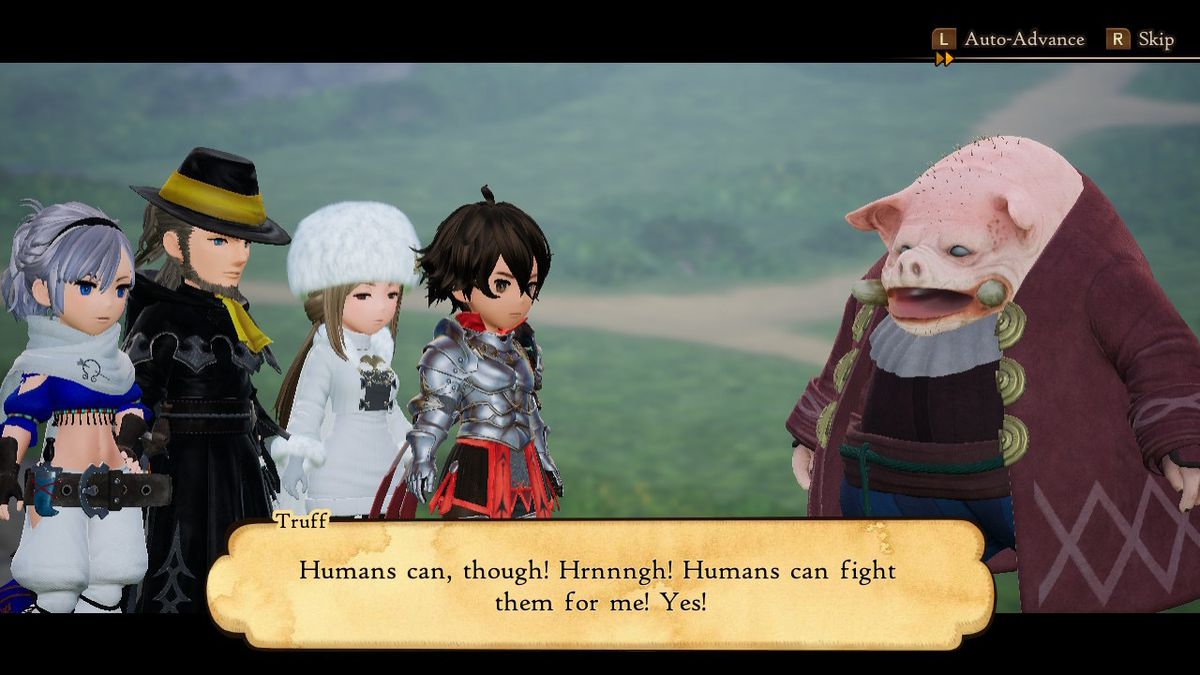 Quattro personaggi Bravely Default 2 hanno una conversazione con un mostro maiale.