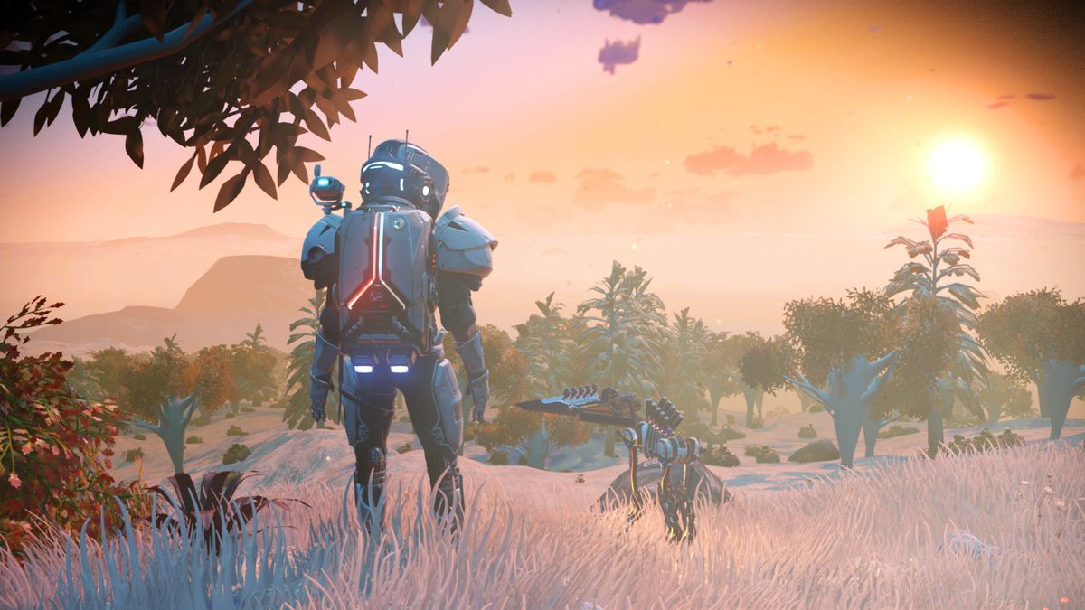 No man's Sky: un giocatore si trova su un pianeta foresta accanto al suo minuscolo animale domestico assassino