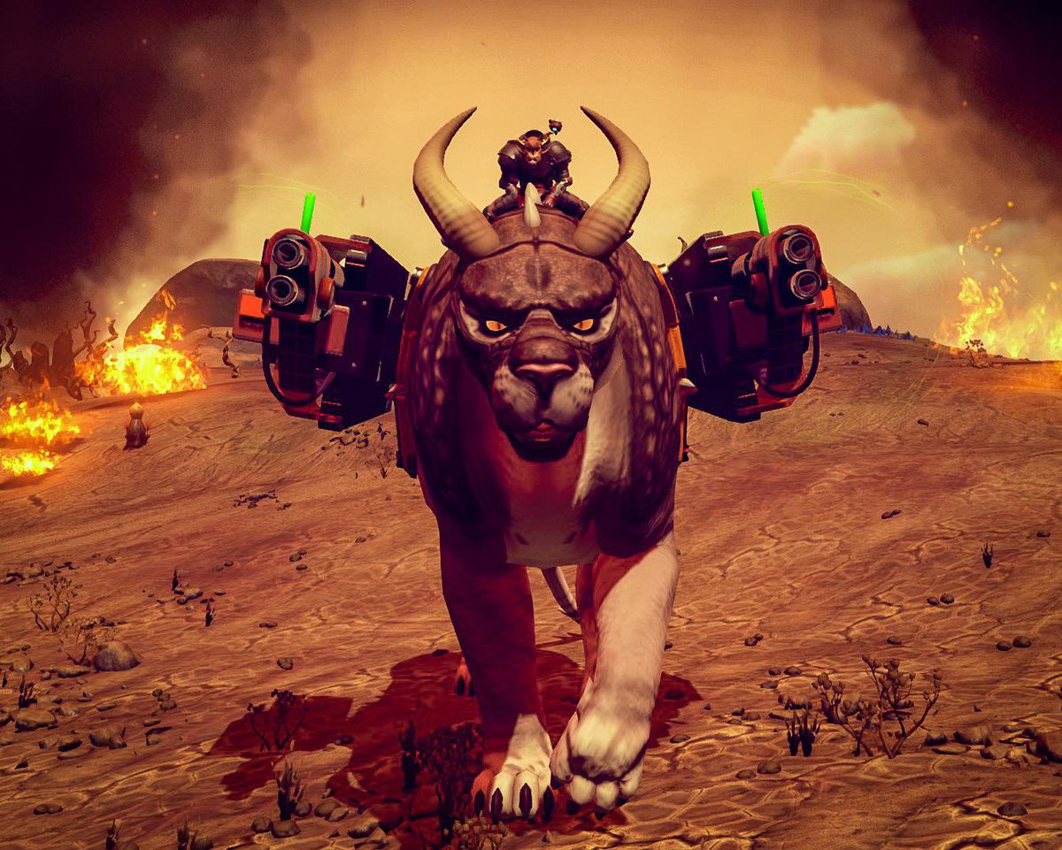 No Man's Sky: un giocatore è a bordo di Fluffy, una gigantesca creatura bue-gatto selvatico montata con due mitragliatrici.