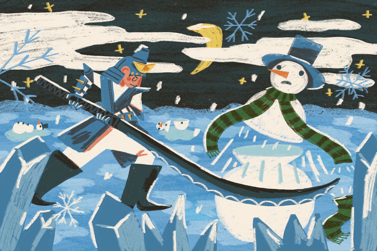An original illustration shows a warrior fighting a snowman