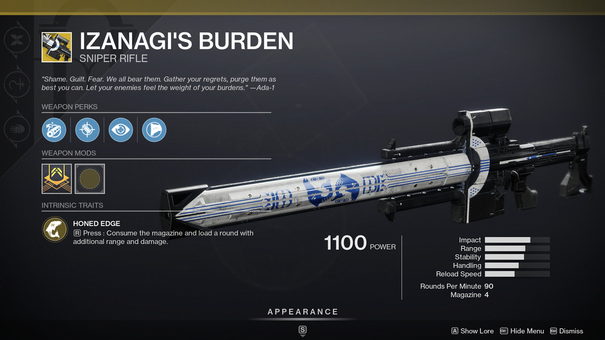 Fucile da cecchino Burden di Izanagi di Destiny 2