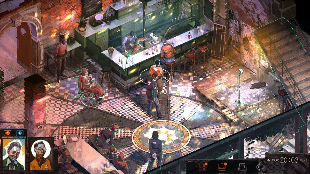 In piedi in un bar con diverse persone in Disco Elysium