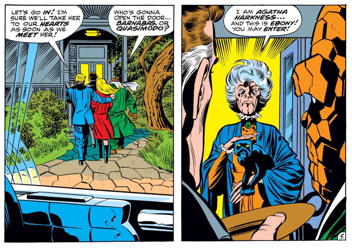 I Fantastici Quattro e Agatha Harkness, un'anziana signora con una ciocca di capelli bianchi, che tiene in braccio il suo gatto nero, Ebony, in Fantastic Four # 94, Marvel Comics (1970).