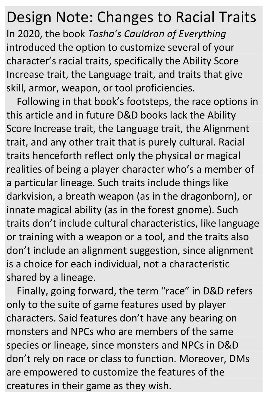 Nota di progettazione: Modifiche ai tratti razziali è il titolo di una barra laterale, qui riprodotta integralmente come immagine. Una sezione è citata nella storia originale.