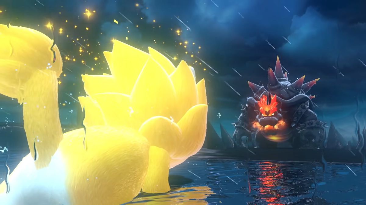 Giga Cat Mario si oppone a Fury Bowser sotto la pioggia