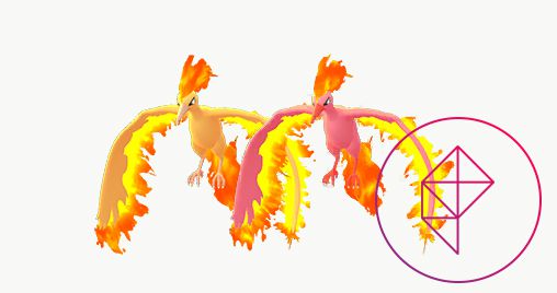 Lucido Moltres nella sua versione normale. Shiny Moltres ha un corpo rosa, piuttosto che arancione dorato.