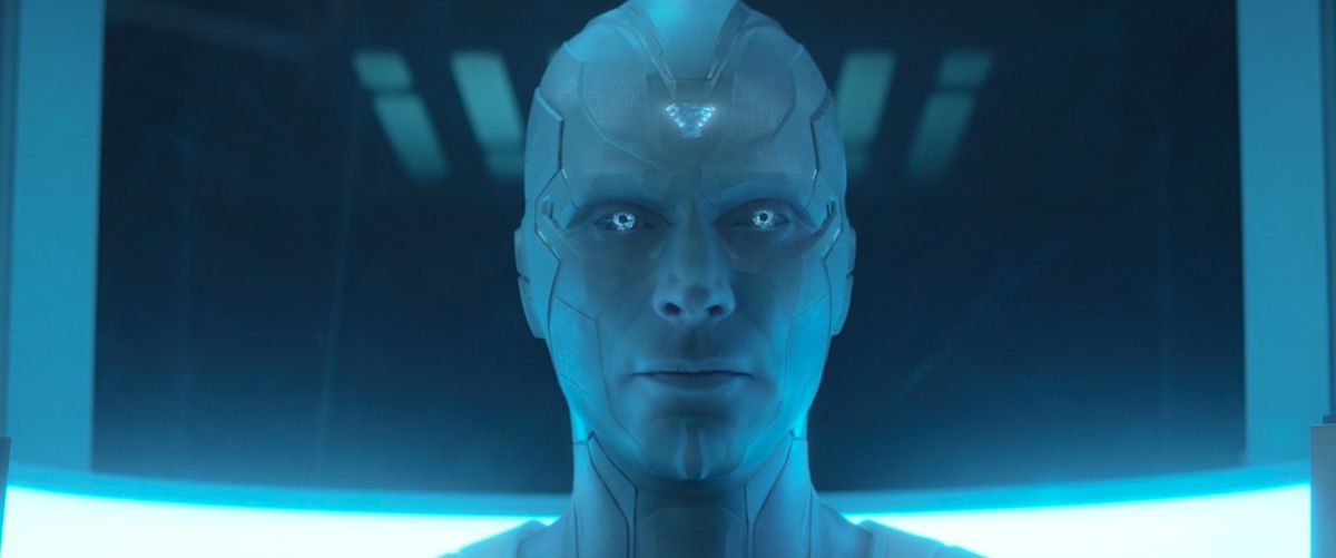 White Vision in a glass tube from Wandavision episode 8