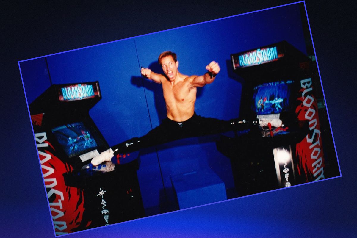 Graphic image with a photo of Jan Claude Van Damm doing a full splits and fight pose