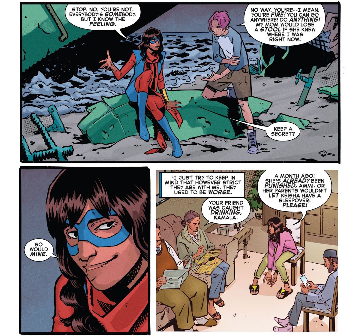 La signora Marvel conforta un'adolescente sola che vorrebbe essere più simile a lei e condivide che ha anche genitori severi che non capiscono in Marvels Snapshots: Captain Marvel, Marvel Comics (2021).