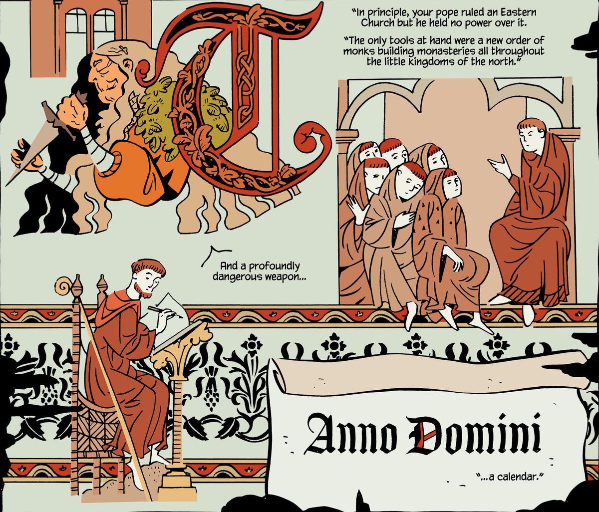 Un oratore descrive l'invenzione di un'arma profondamente pericolosa: il calendario, su immagini simili a manoscritti illustrati, in The Department of Truth # 6, Image Comics (2021).