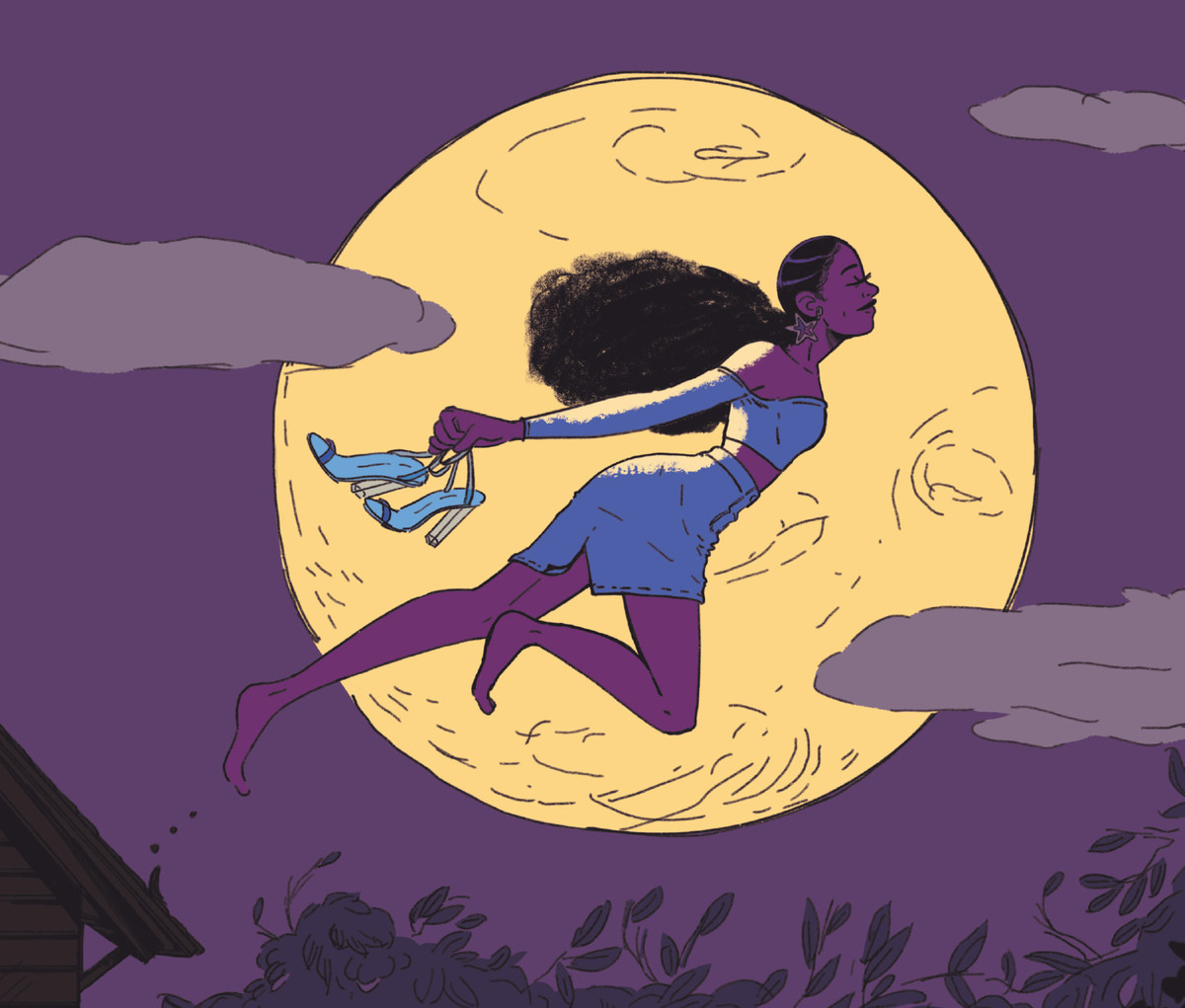 Nubia, vestita con una gonna attillata e un top, portando tacchi coordinati in una mano, balza verso la libertà dal tetto della sua camera da letto, stagliata contro la luna, in Nubia: Real One, DC Comics (2021).