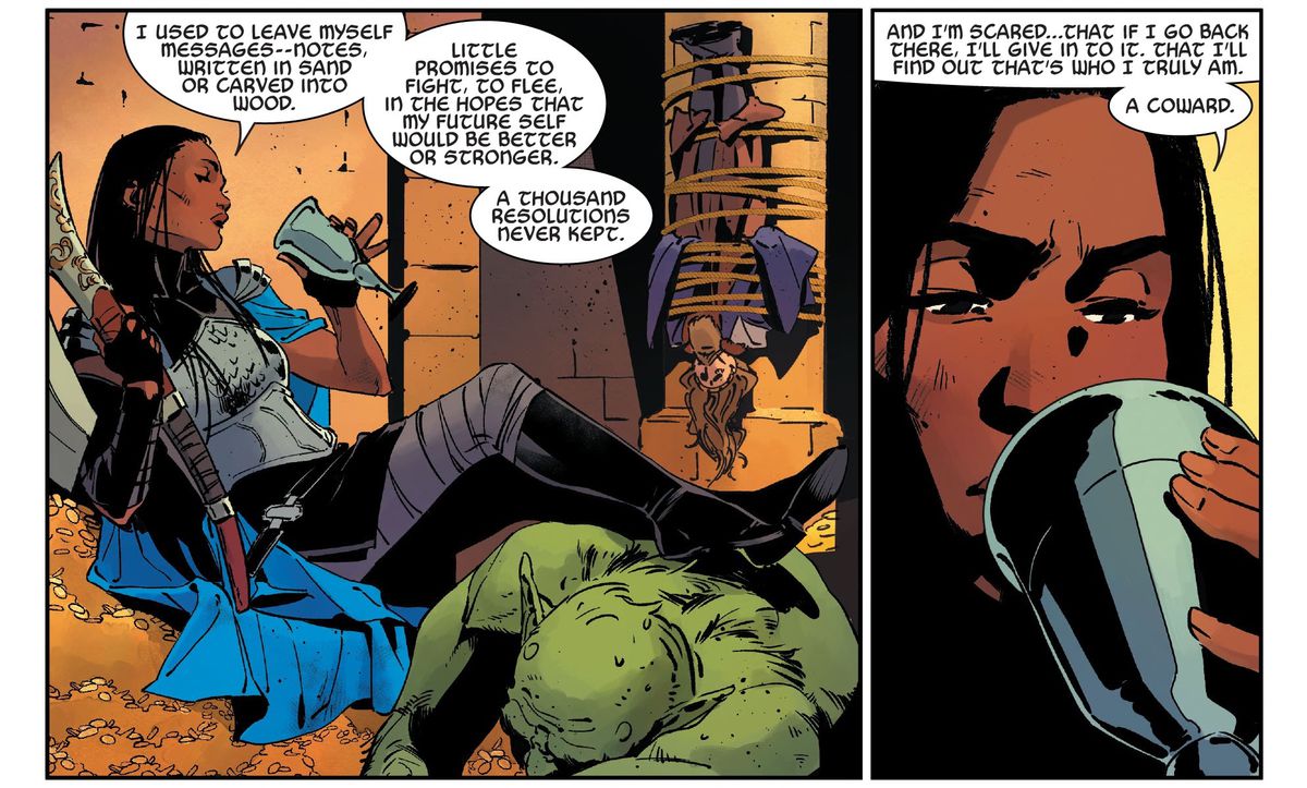 Una misteriosa nuova Valchiria - una donna nera in armatura d'argento con un mantello blu - mette i piedi su un nemico sconfitto e pensa di aver paura di rientrare nel pergatorio da cui è stata appena liberata, mentre beve per offuscare le sue emozioni in King in Black : Return of the Valkyries, Marvel Comics (2021).