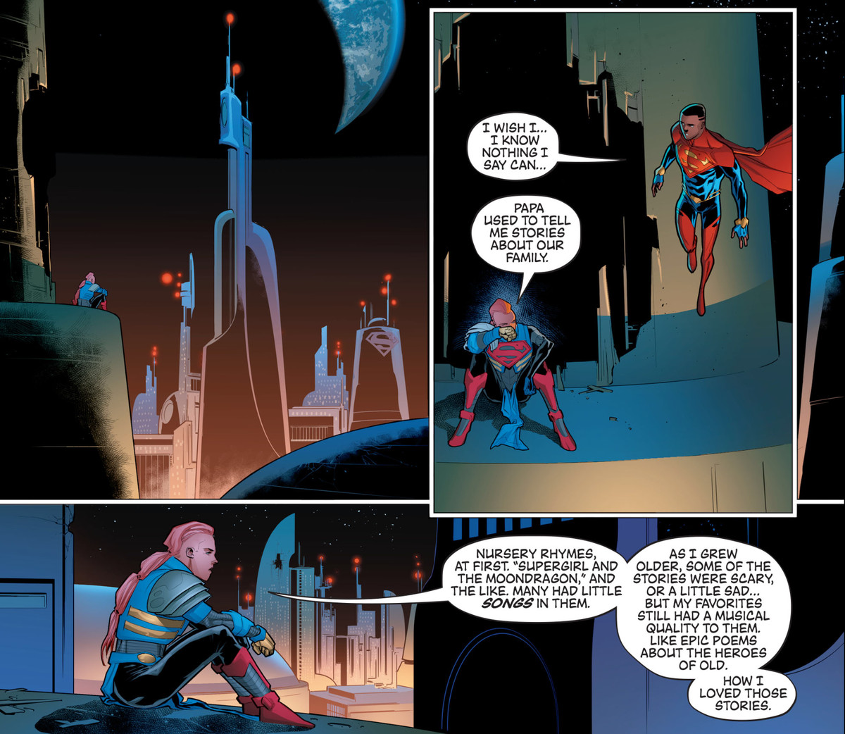 Un membro del lontano futuro House of El, discendenti di Superman, descrive come suo padre le raccontava le fiabe sulla loro famiglia in Future State: Superman: House of El, DC Comics (2021).