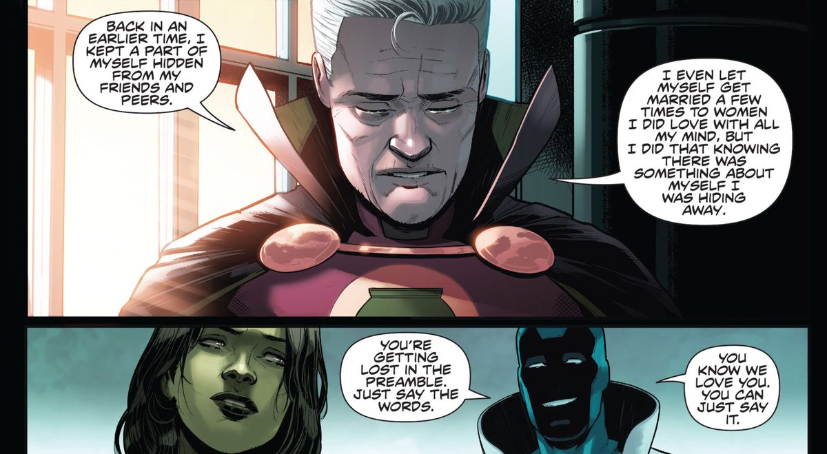 Con le lacrime agli occhi, Lanterna Verde Alan Scott trova il coraggio di fare coming out con i suoi figli gemelli supereroi, Jade e Obsidian, in Infinite Frontier # 0, DC Comics (2021).