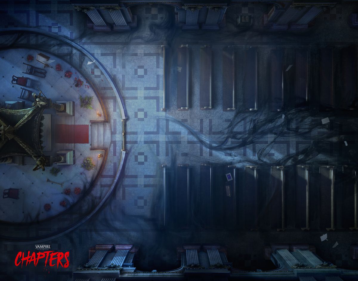 Una chiesa che sembra essere stata usata per un rituale oscuro. Nebbiose scie di polvere si intrecciano tra i banchi.