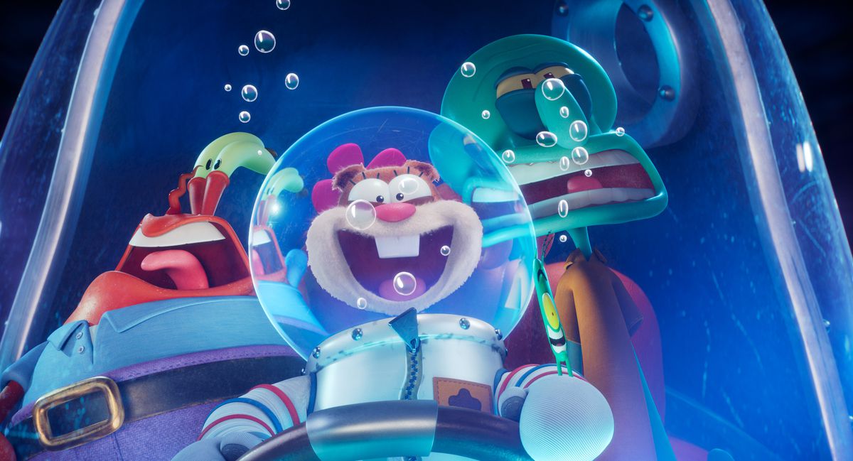 Sandy Cheeks sembra felice e Mr. Krabs e Squidward sembrano schiacciati mentre si trovano su una porta in Sponge on the Run.