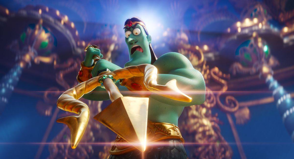 Un Poseidone dalla pelle verde e senza maglietta brandisce un tridente scintillante in Sponge on the Run.