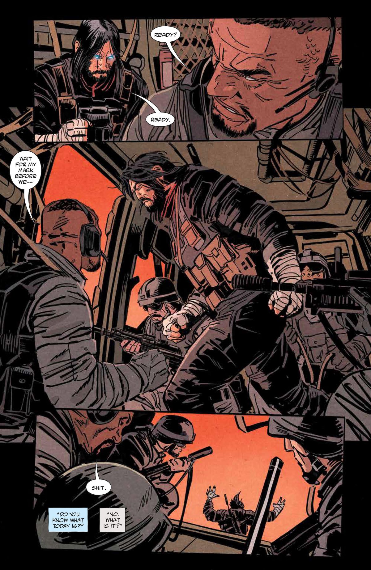 Keanu esce da un elicottero.