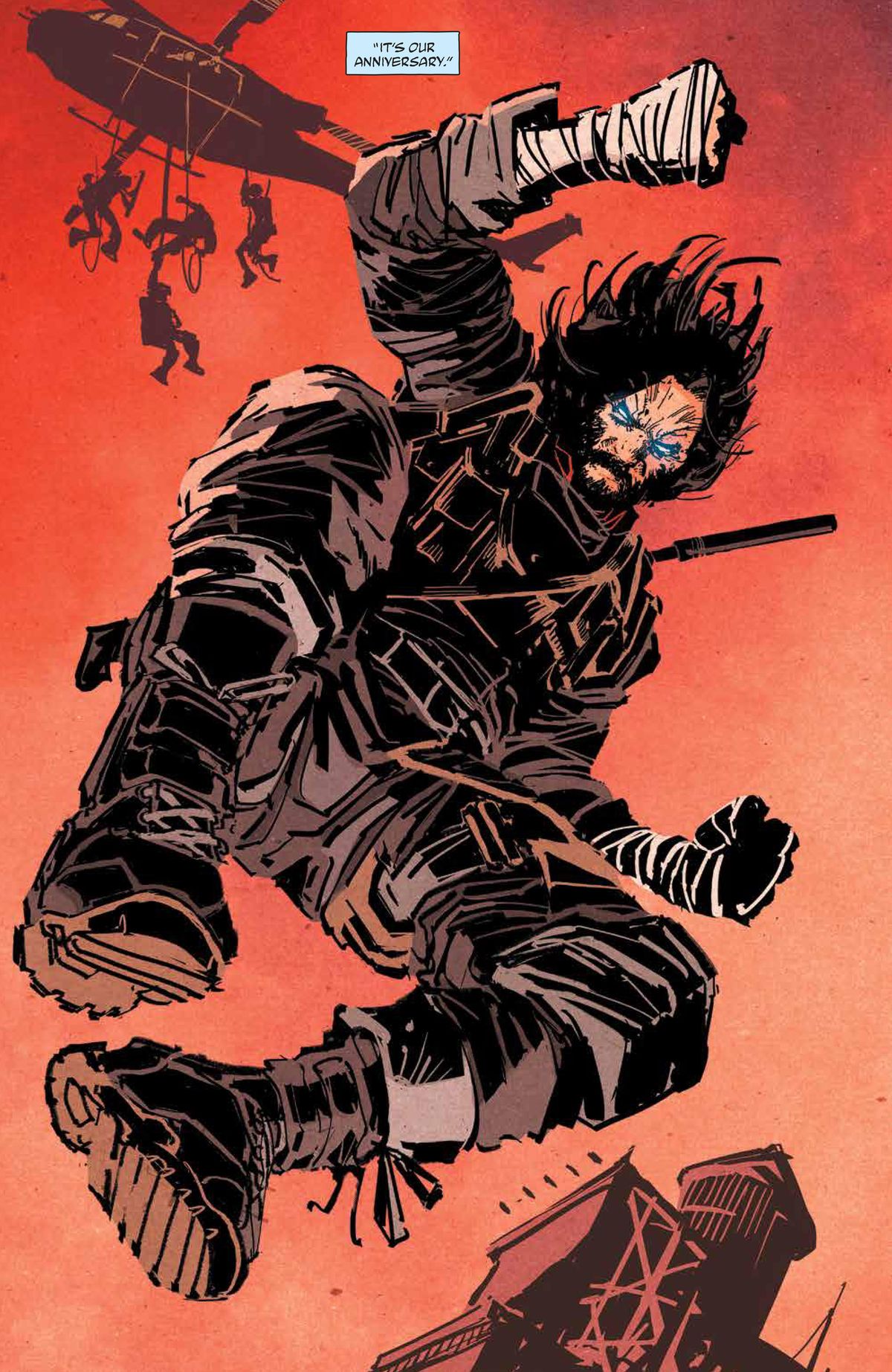 Keanu che cade. I suoi occhi sono blu, le sue mani avvolte nel nastro.