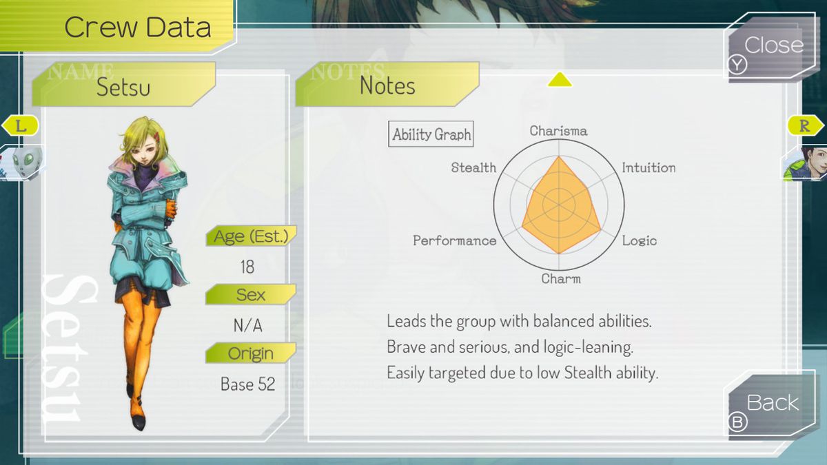 Schermata delle statistiche del personaggio di Gnosia per Setsu