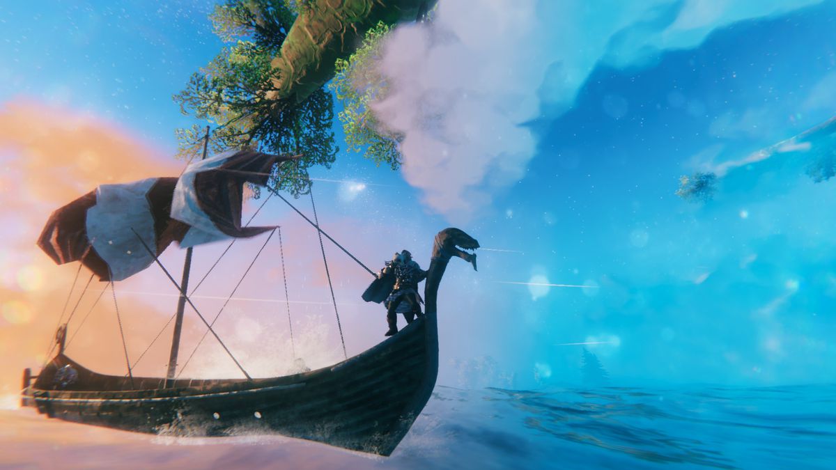 un giocatore a prua di una nave vichinga a Valheim
