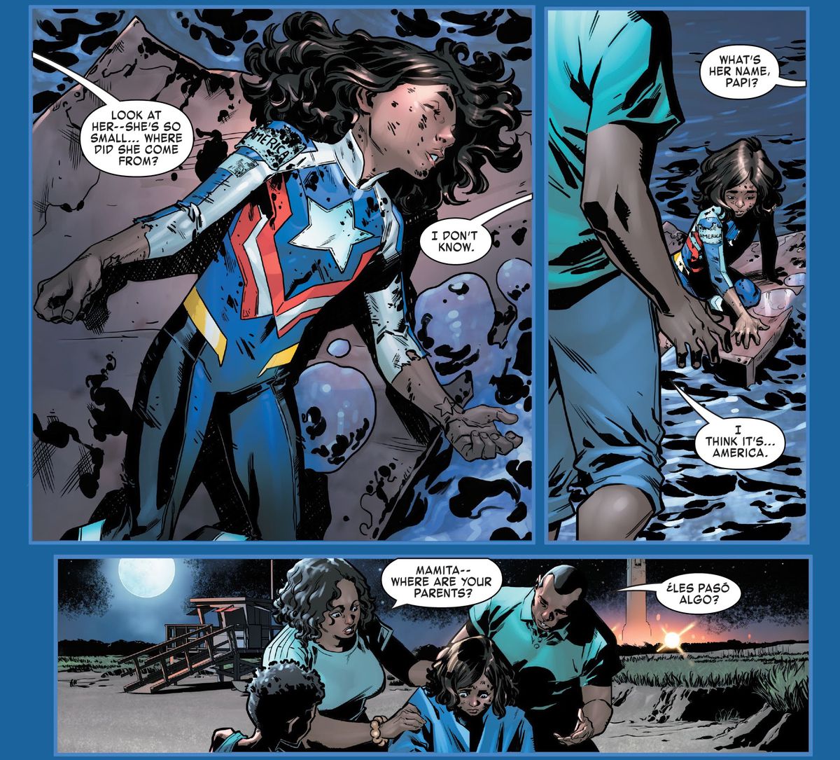 Javier e Ceci Santana salvano una giovane America Chavez da un detrito galleggiante, in America Chavez: Made in the USA # 1, Marvel Comics (2021).
