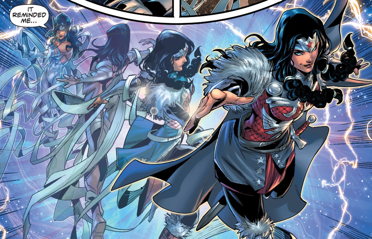 Wonder Woman volteggia attraverso il firmamento cosmico, trasformandosi dal suo vestito divino nell'armatura trapuntata di un guerriero norreno in Infinite Frontier # 0, DC Comics (2021).