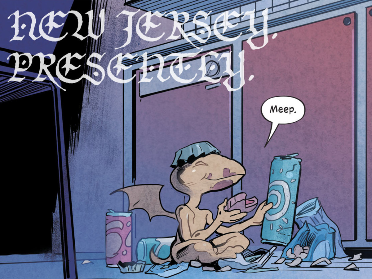 Goldie il piccolo gargoyle gode di caramelle, snack e bibite, con un tappo di bottiglia appollaiato sulla sua testa come un cappello, in The Dreaming: Waking Hours # 8, DC Comics (2021).