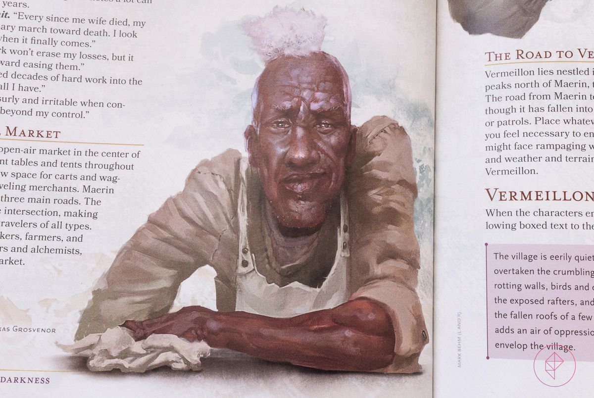 Un personaggio NPC nero in Candlekeep Mysteries. Il suo viso è rugoso e tiene un mezzo sorriso ironico.