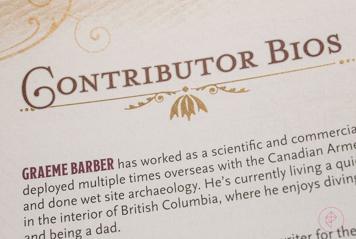 Una pagina sul retro elenca le biografie dei contributori, una prima per la 5a edizione di D&D.