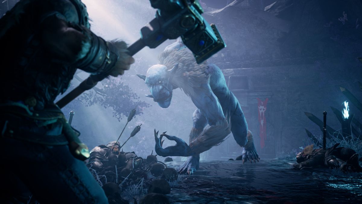 Bruenor affronta un troll, i corpi dei suoi parenti giacciono morti in primo piano.