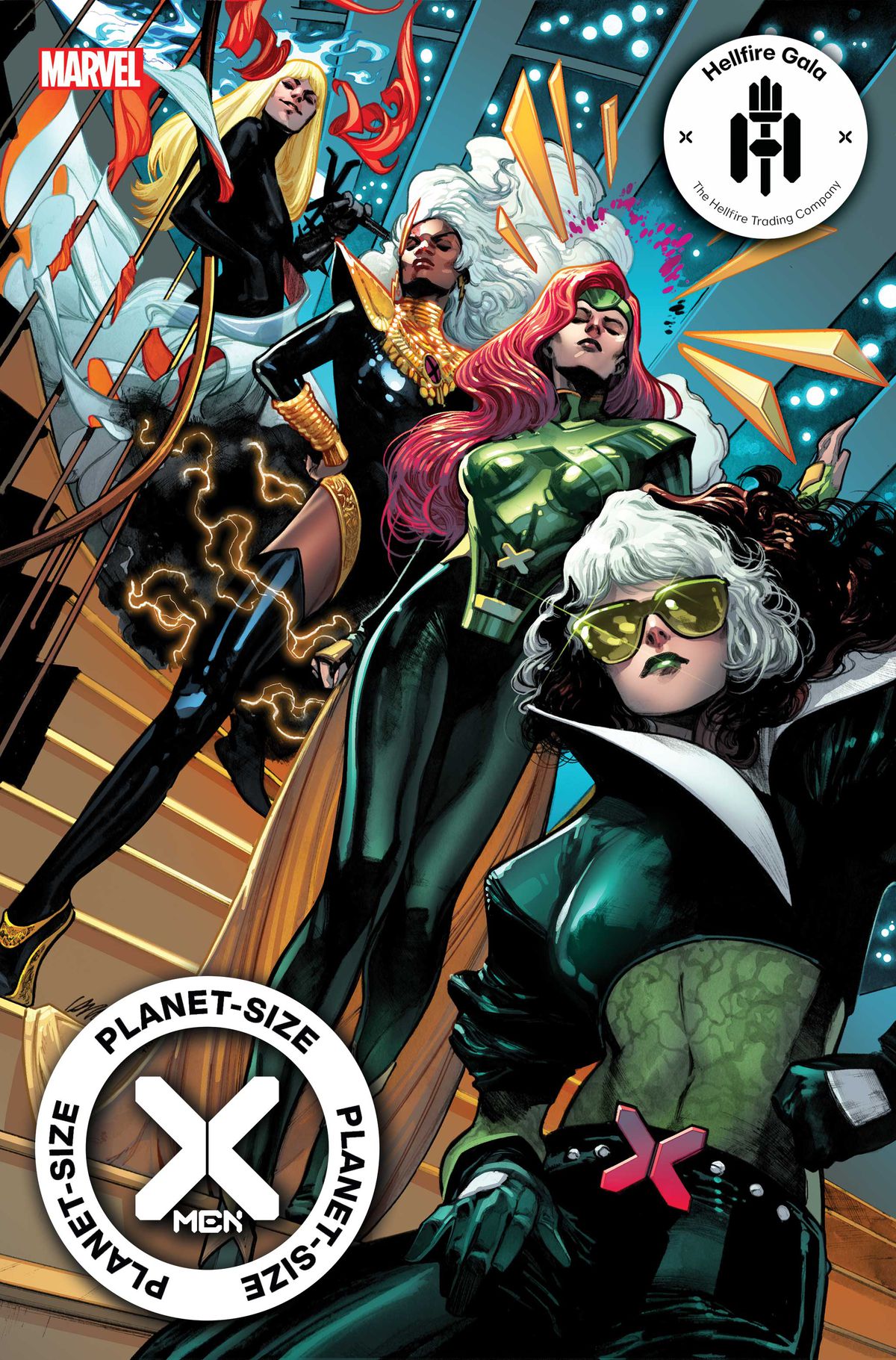 Rogue, Jean Grey, Storm e Magik arrivano al Gala Hellfire sulla copertina di Planet-Size X-Men # 1, Marvel Comics (2021).