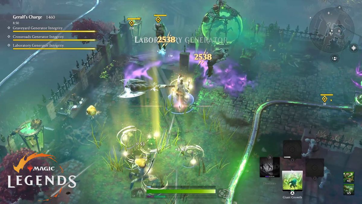 Un planeswalker lancia un'ascia gigante, che gira attraverso i nemici all'interno di una nuvola viola. L'ambiente sembra una vecchia strada londinese.