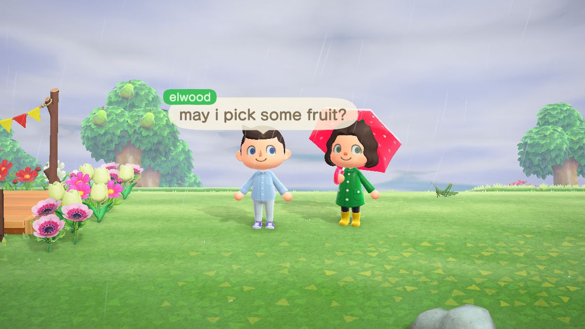 Elijah Wood asking an Animal Crossing player for some fruit