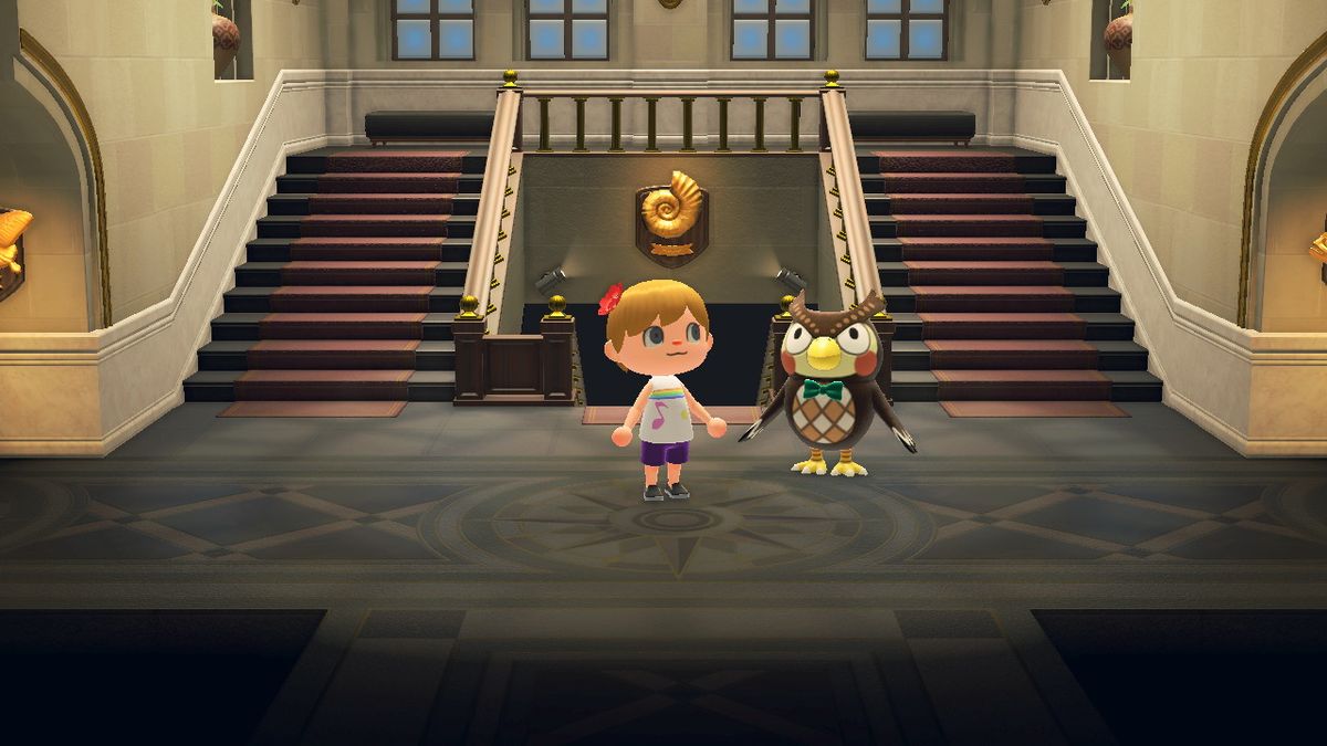 my Animal Crossing: New Horizons villager visits Blathers’ museum.