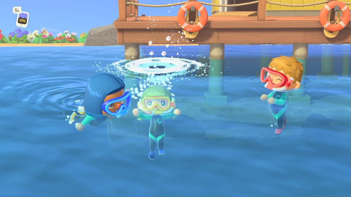 Swimming in Animal Crossing New Horizons.