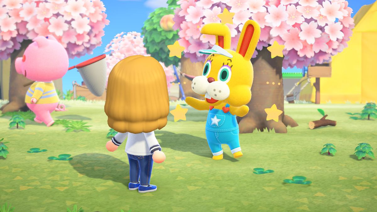 Zipper T. Bunny cheerily talks to an Animal Crossing character