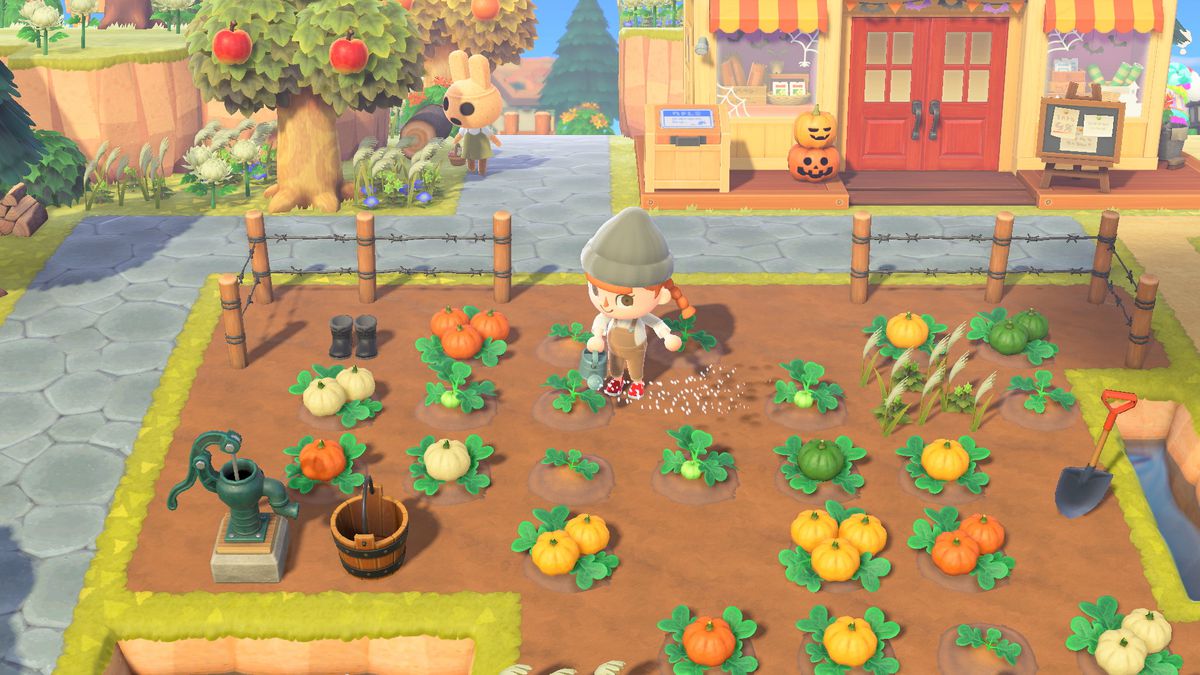 An Animal Crossing human watching a pumpkin patch