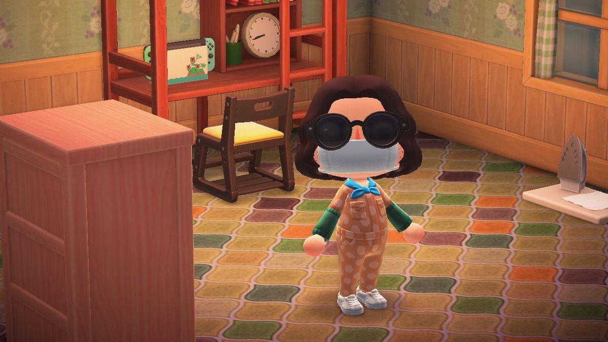 Animal Crossing character standing in a very cool room wearing a surgical mask