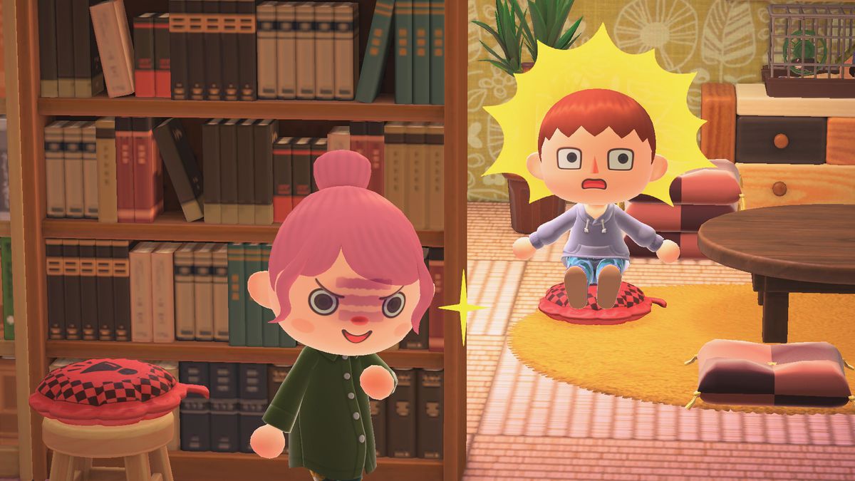 A villager smirks as another villager sits on a whoopee cushion in Animal Crossing: New Horizons.