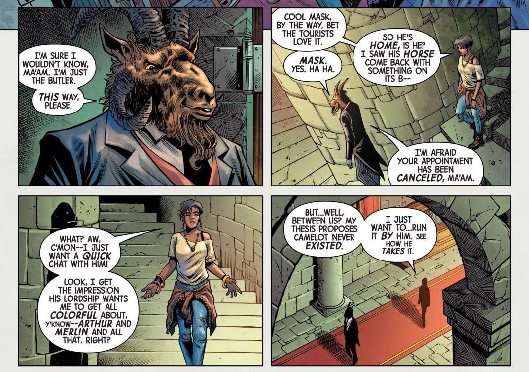 Una giovane donna discute di come sia interessata a parlare con il Cavaliere Nero, con il suo maggiordomo.  “Voglio solo fare due chiacchiere con lui! [...] Tra di noi?  La mia tesi propone che Camelot non sia mai esistito.  Voglio solo ... farlo funzionare da lui.  Guarda come la prende. 