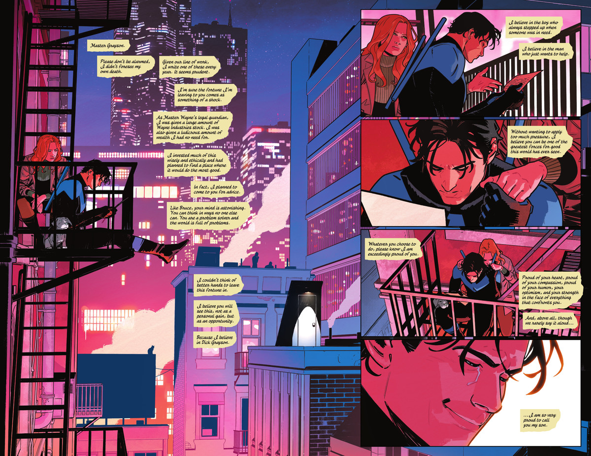 In una piacevole doppia pagina, Nightwing siede su una scala antincendio con un cucciolo e Barbara Gordon, che gli tiene la mano mentre legge una lettera che Alfred gli ha scritto in caso di morte, in Nightwing # 78, DC Comics (2021) .