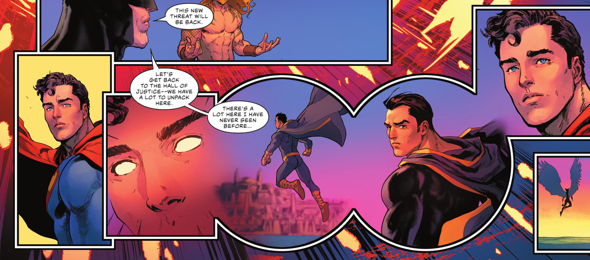 Superman guarda con preoccupazione un Black Adam in ritirata, usando la sua visione telescopica per osservare. A chilometri di distanza, Black Adam si guarda alle spalle e lo fissa negli occhi, in Justice League # 59, DC Comics (2021).