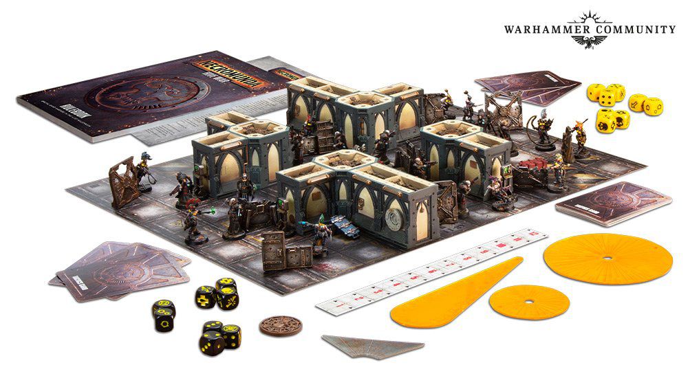 Un rendering dei contenuti di Necromunda: Hive War, che mostra due gang e molti scenari.